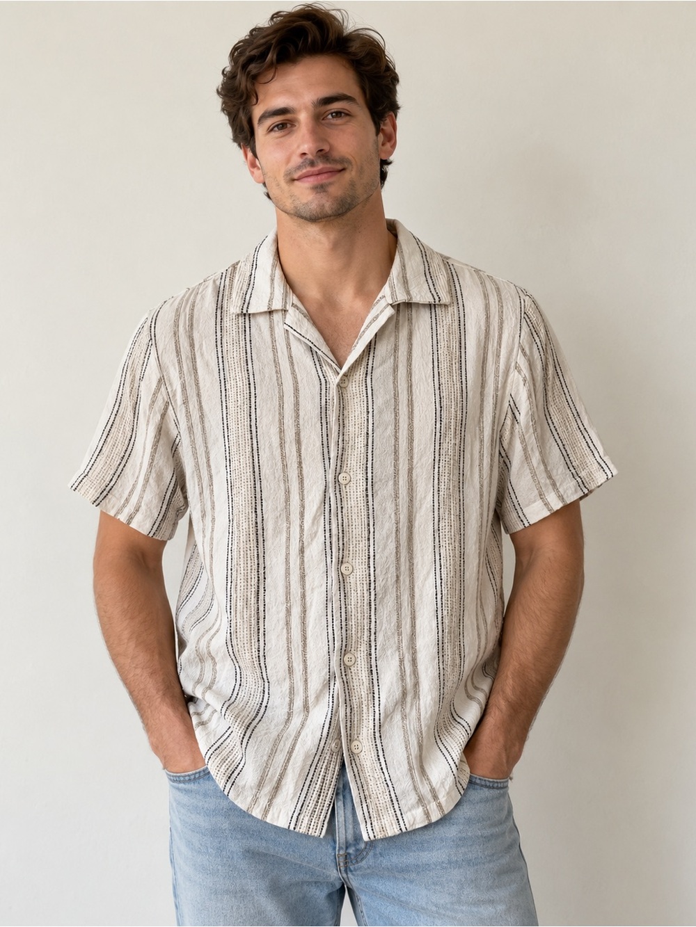 Striped Short-Sleeve Button-Up Shirt in Cream and Brown